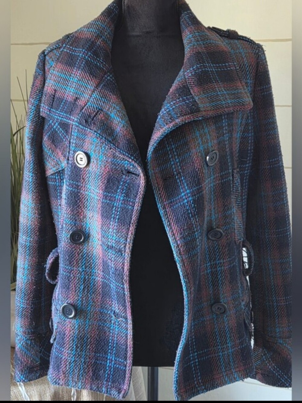 Levis Wool Plaid Double Breasted Trench Peacoat Belted Jacket Boho Southwestern